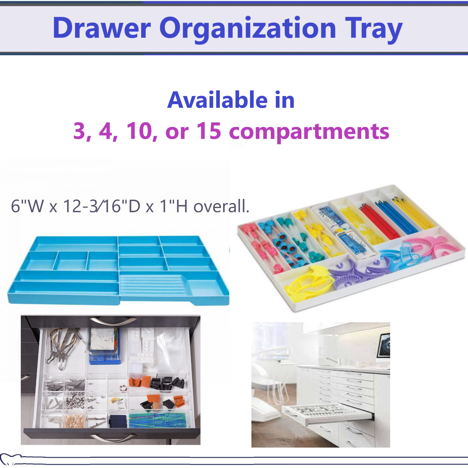 Dental Procedure Cart Drawer Tray Organization Tray - 3, 4, 10, 15 Compartments