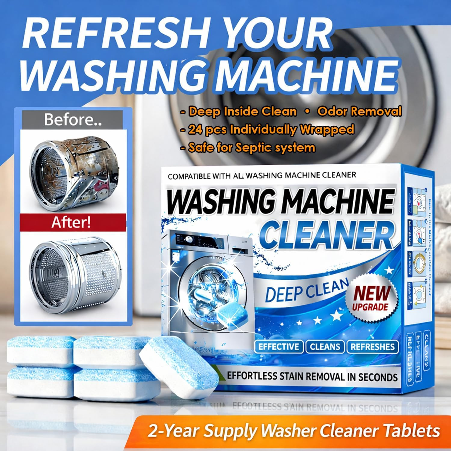 Enzyme Washing Machine Cleaner Tablets (24 Pack) – Protease Deep Clean Laundry M