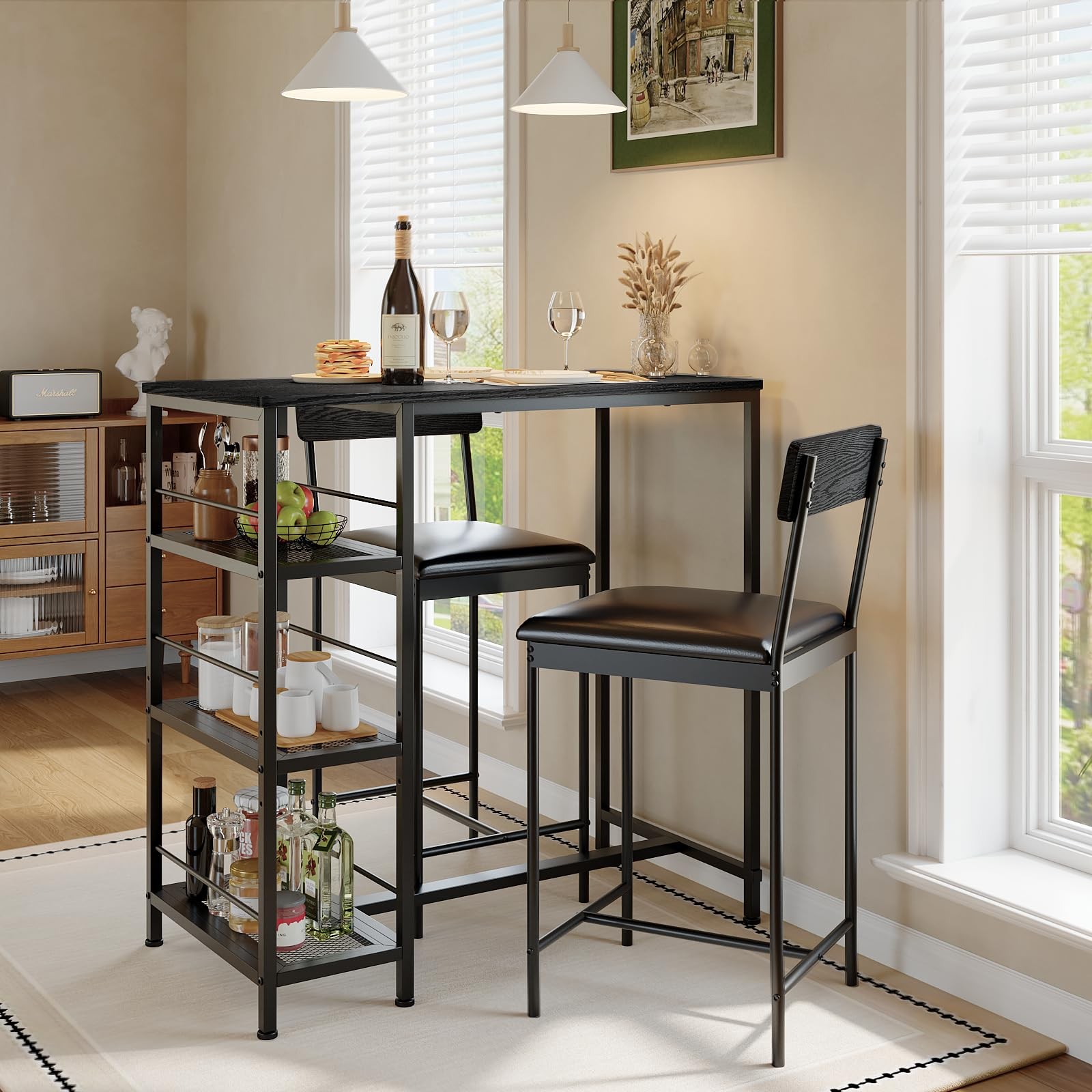 36" 3-Piece Dining Table Set, Bar Table with 2 Upholstered Stools & Wine Rack