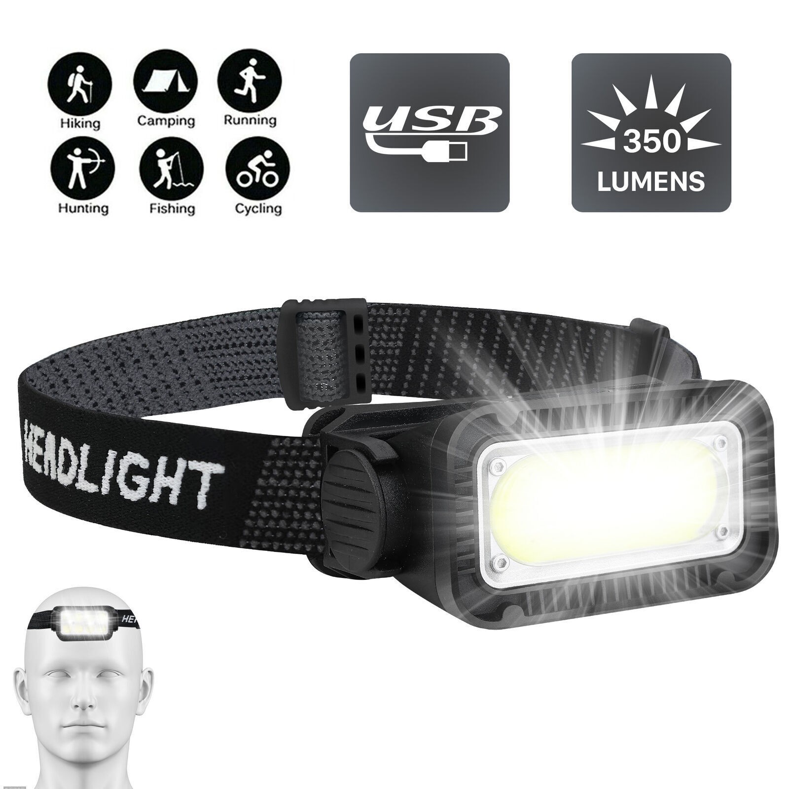 USB Rechargeable LED Headlamp Headlight Lamp Torch Flashlight W/ Charging Cable