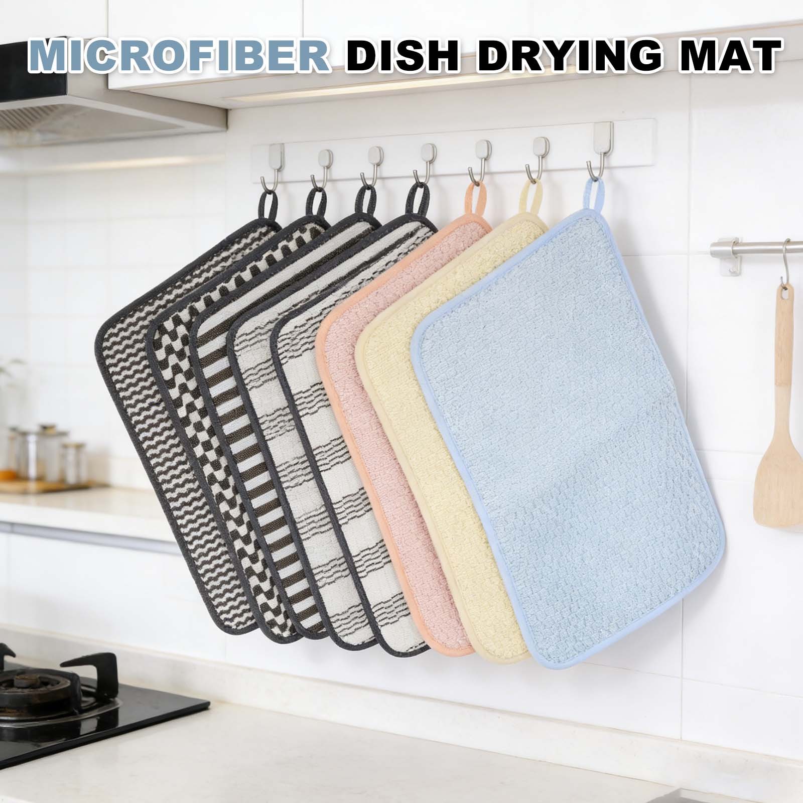 Microfiber Dish Drying Mat,20 x 15 Inch Wide White Stripes, White