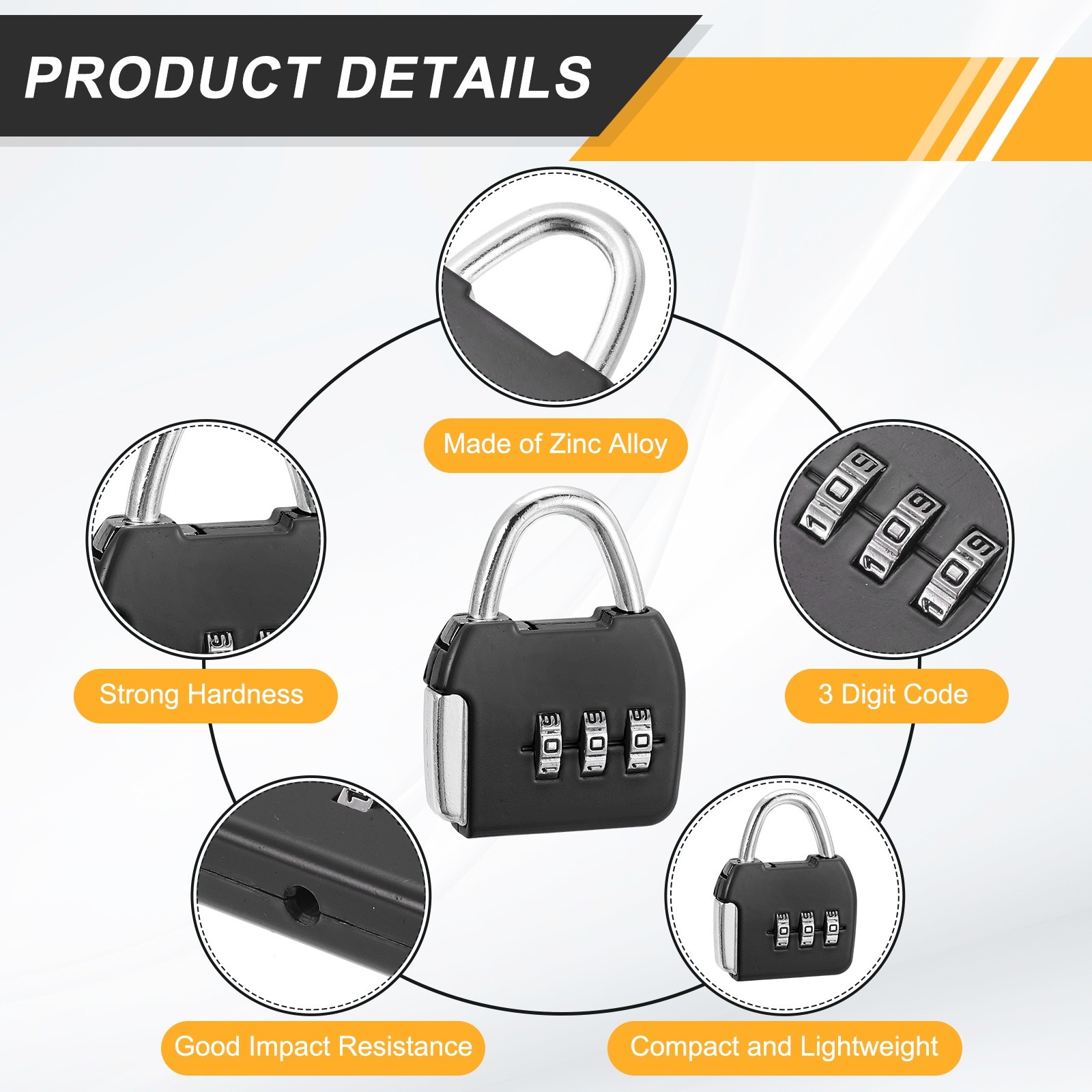4Pcs Resettable 3 Digit Combination Lock Code Padlock, Black (47 x 36mm)