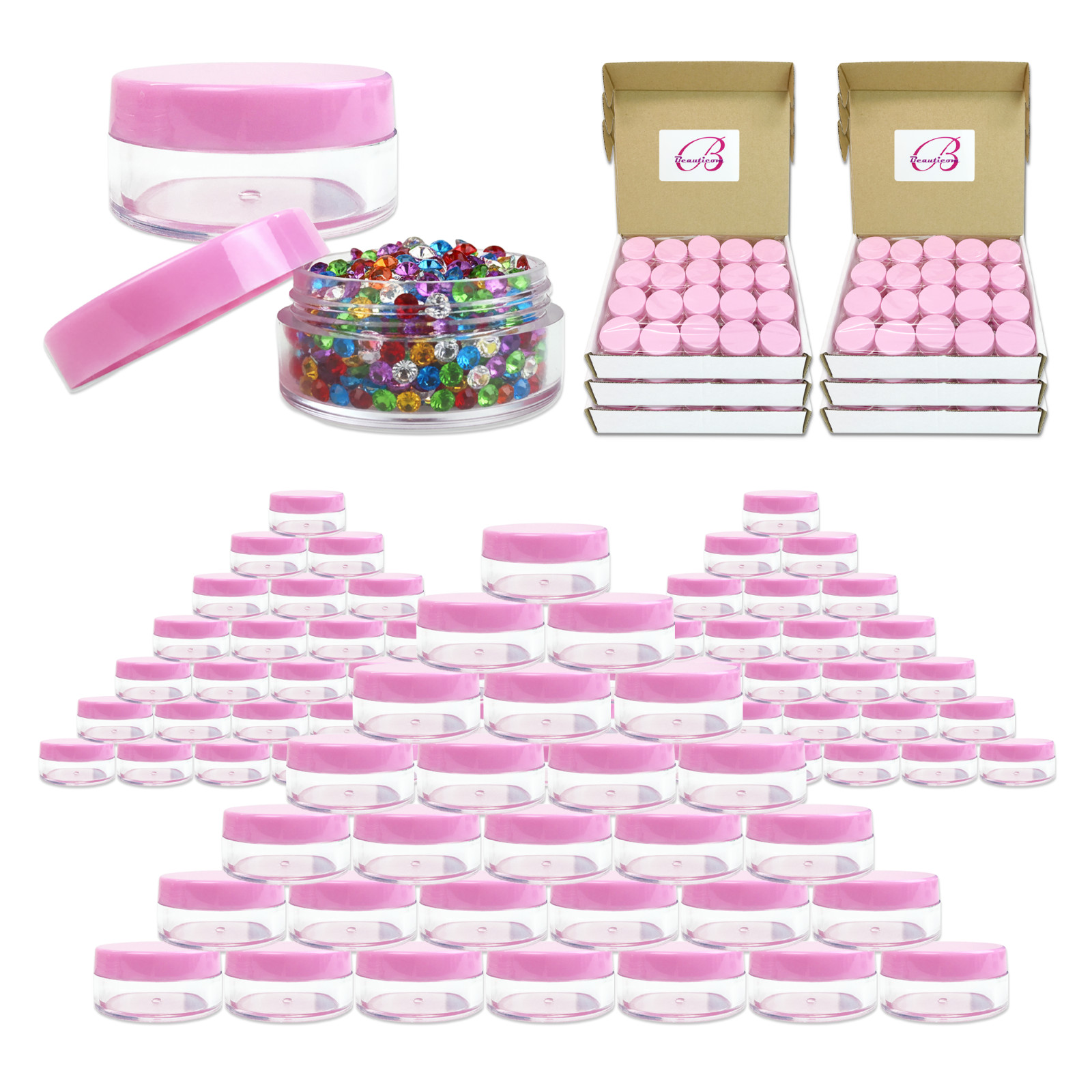 600 Pieces 10G/10ML Round Cosmetic Cream Clear Plastic Sample Pot Jars Pink Lids