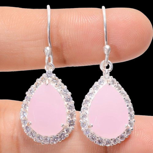 Natural Rose Chalcedony Gemstone 925 Sterling Silver Zircon Earrings For Gift