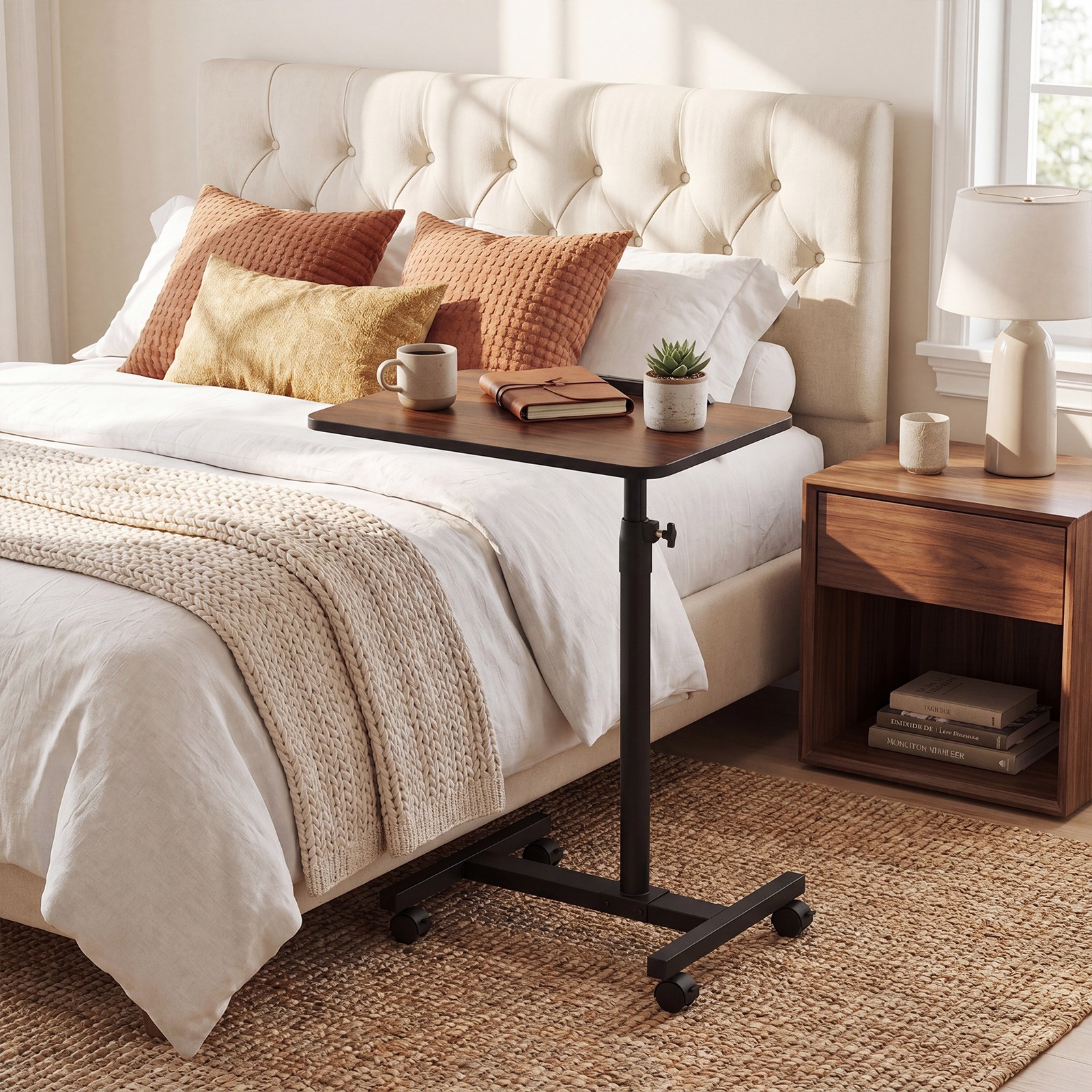 Overbed Table w/Lockable Wheels, Adjustable Height, 360° Swivel for Small Spaces