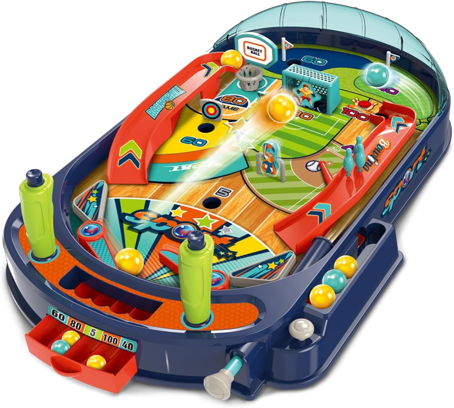 Kids Pinball Machine — Tabletop Arcade Game with Obstacles, Pull-Rod Launcher, F