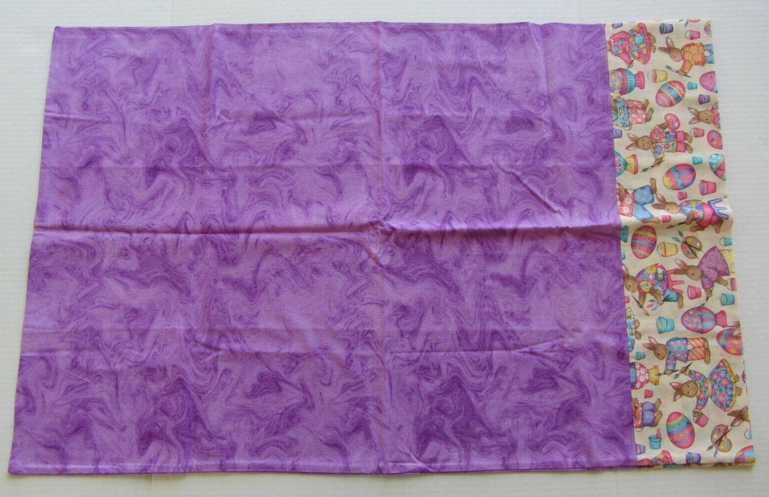 1 Handmade  Easter Bunnies Eggs Lavender Swirl Cotton STANDARD  Size Pillowcase