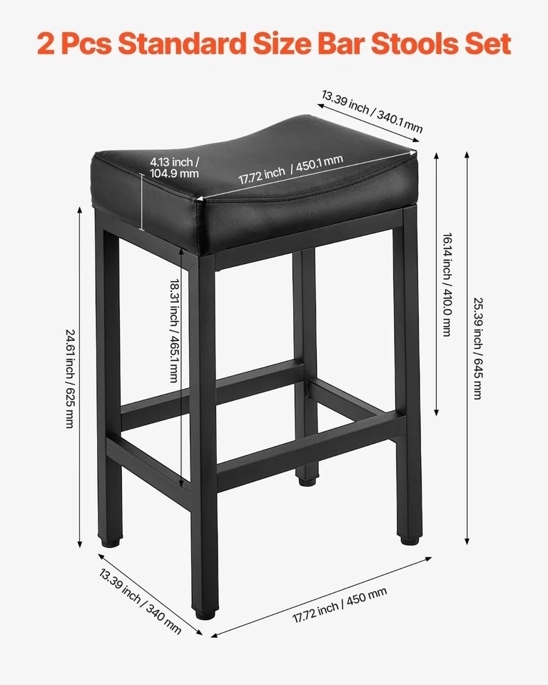 Bar Stool Set of 2 PU Leather Counter Height Stools 25 inch Barstool with Saddle