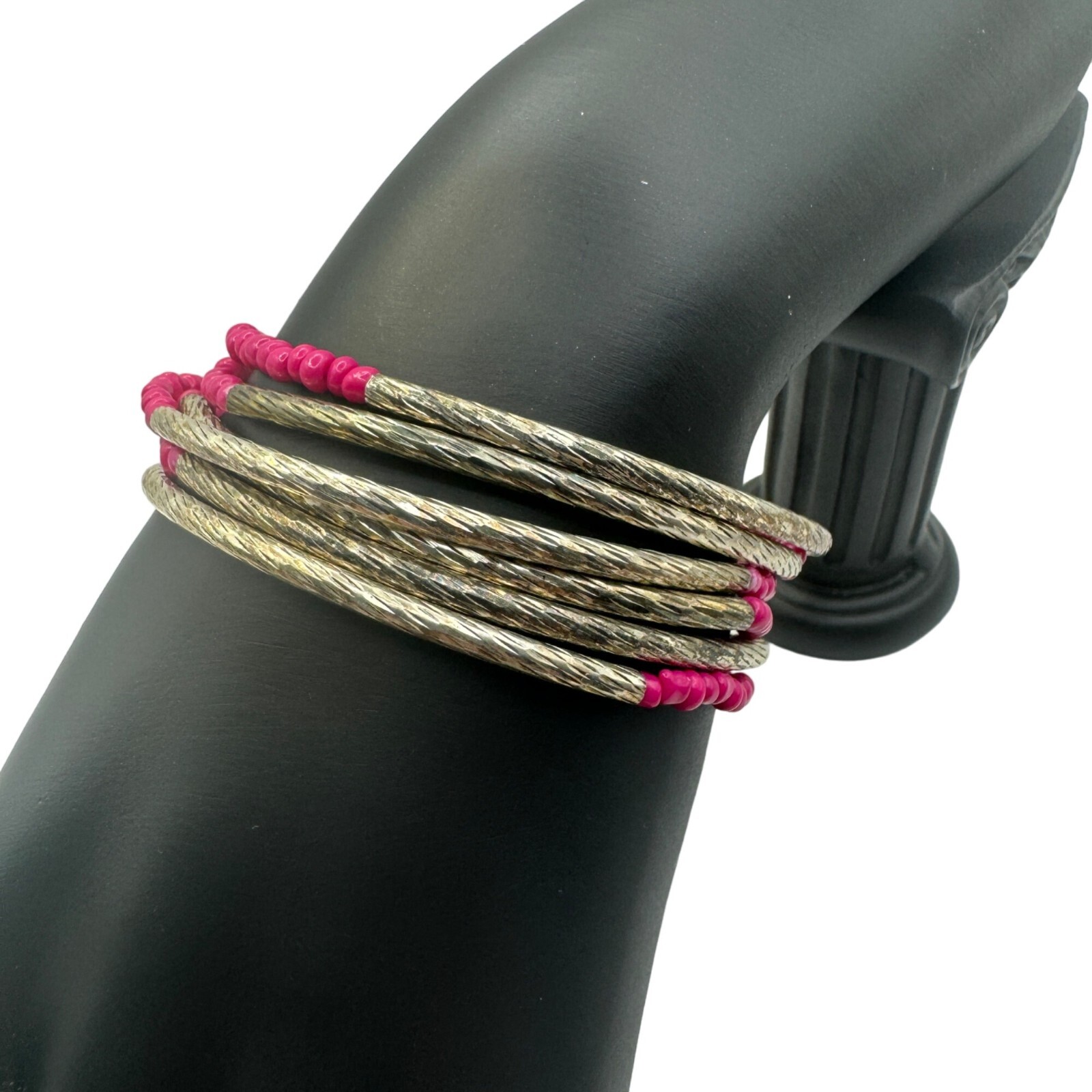 Handcrafted Pink & Silver Beaded Bracelet Set
