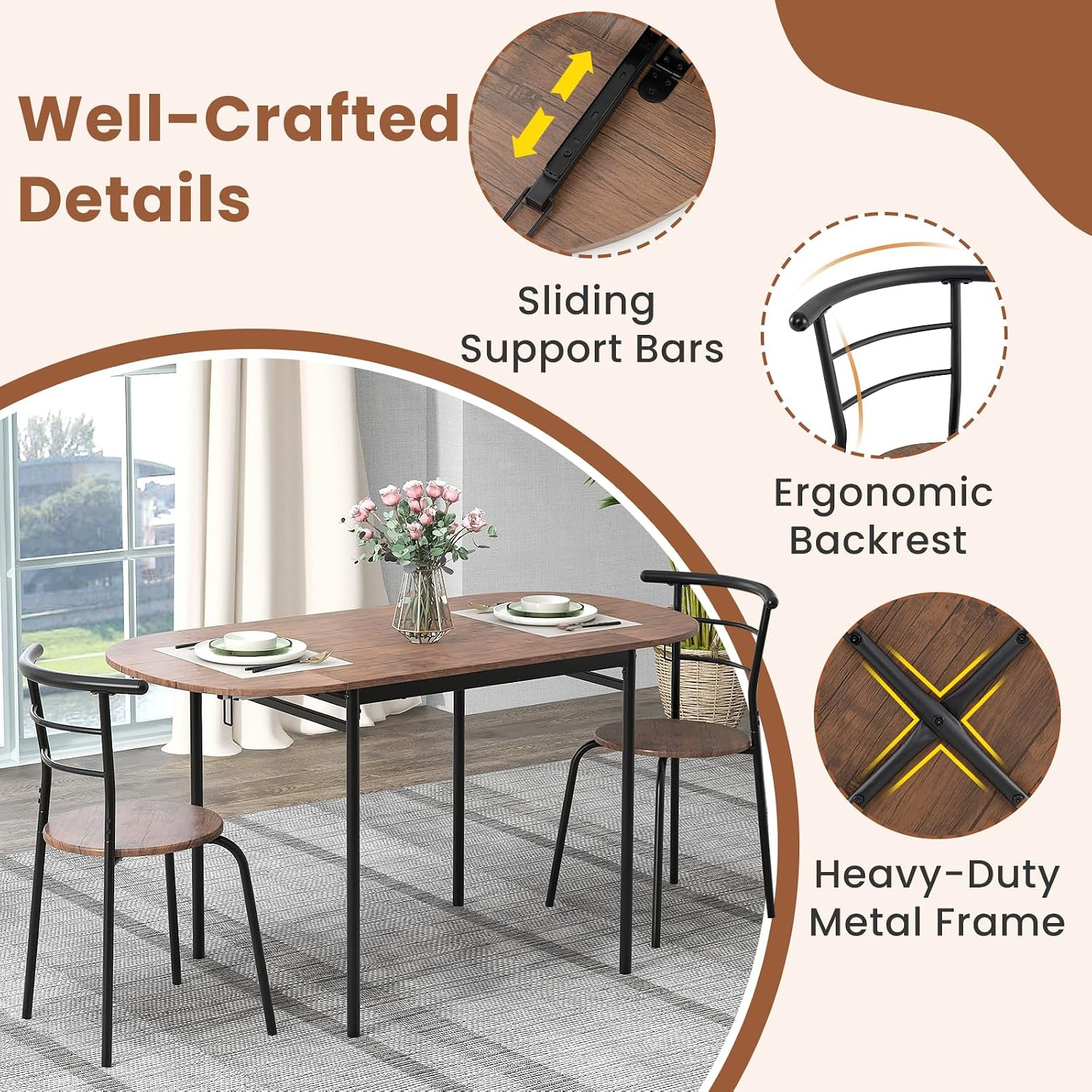 3-Piece Dining Table Set for 2, 55-Inches Drop Leaf Kitchen Table with Dining Ch
