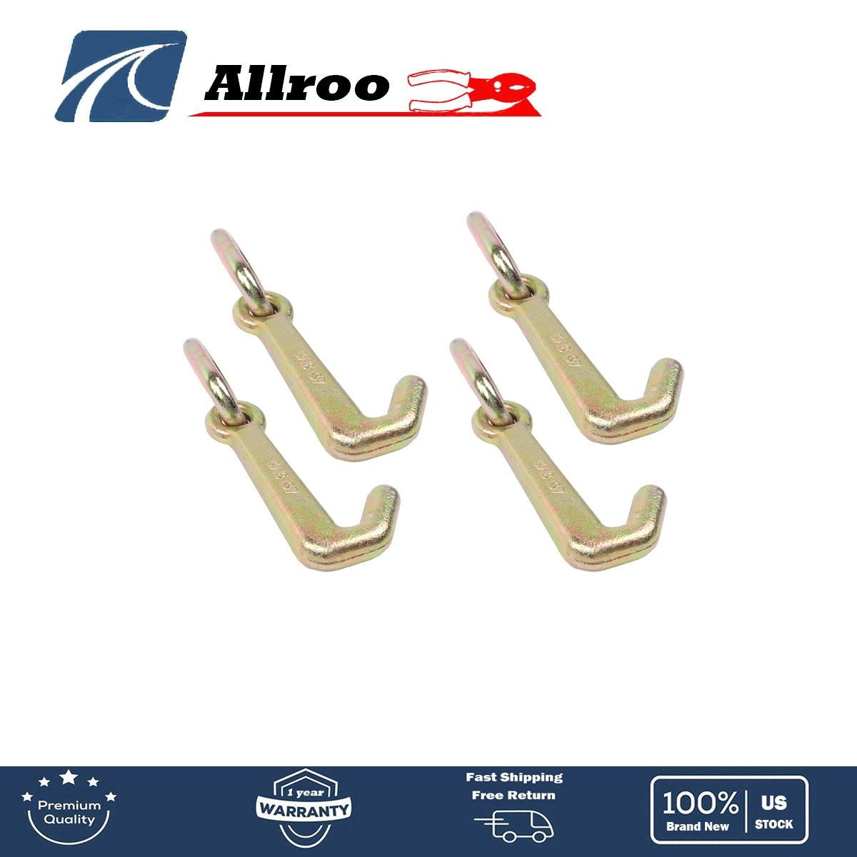 4Pack 5/16" Mini J Hook G70 w/Oblong Link, 5400 lbs WLL for Tow Truck Gold Color