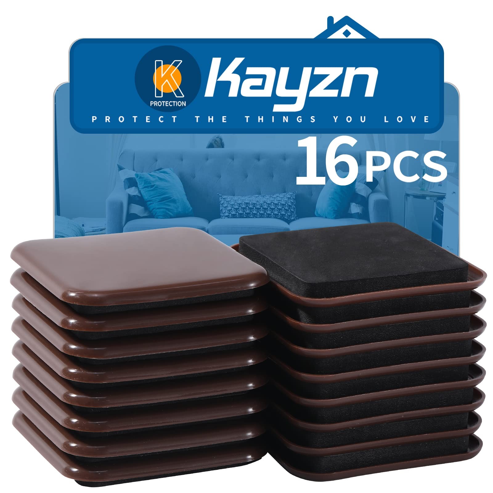 Kayzn Furniture Sliders, 16pcs 3.5 inch Square 3.5inch 16pcs, Brown