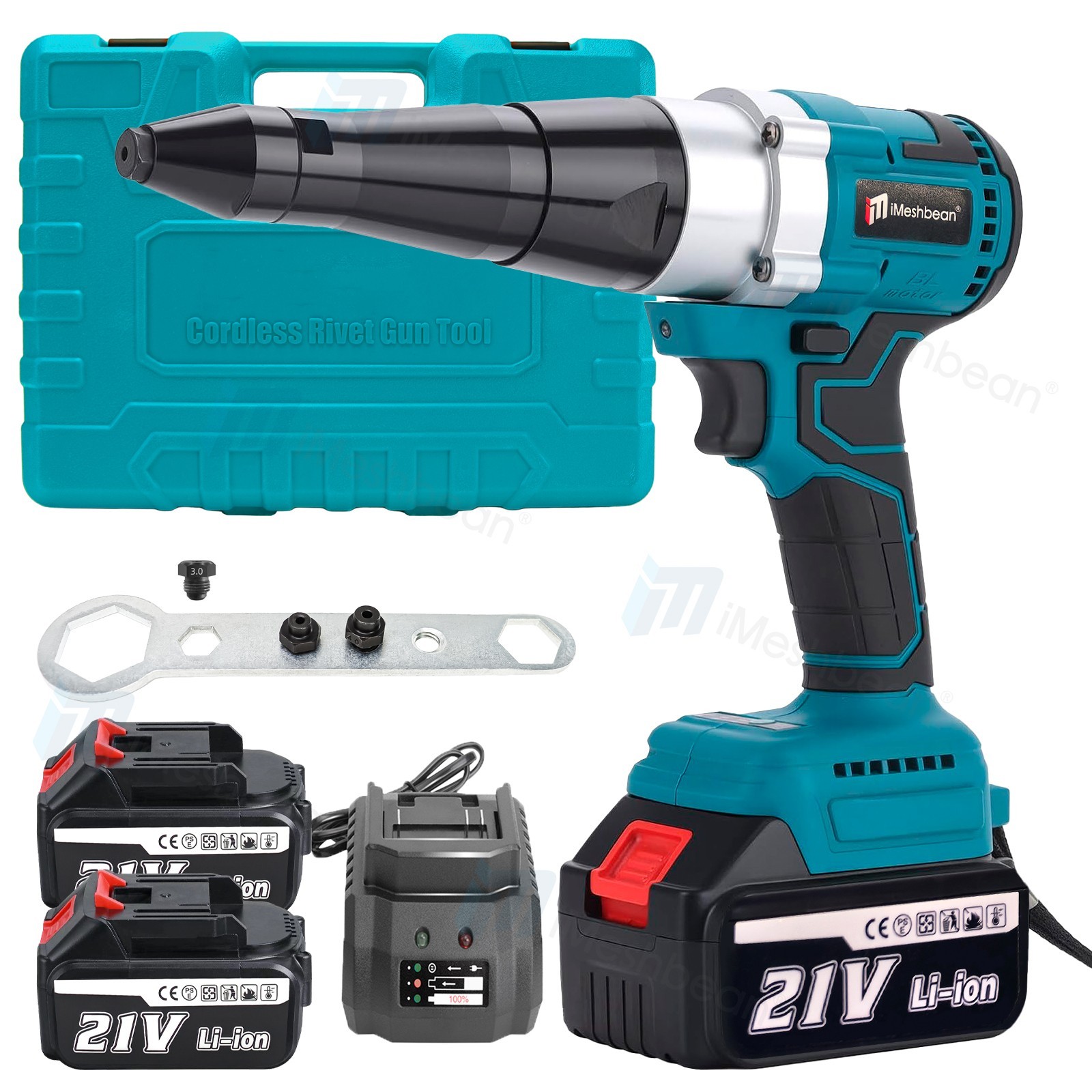 Cordless Ergonomic Electric Rivet Tool Rivnut Gun NutSert+2 Battery&Charger Kit