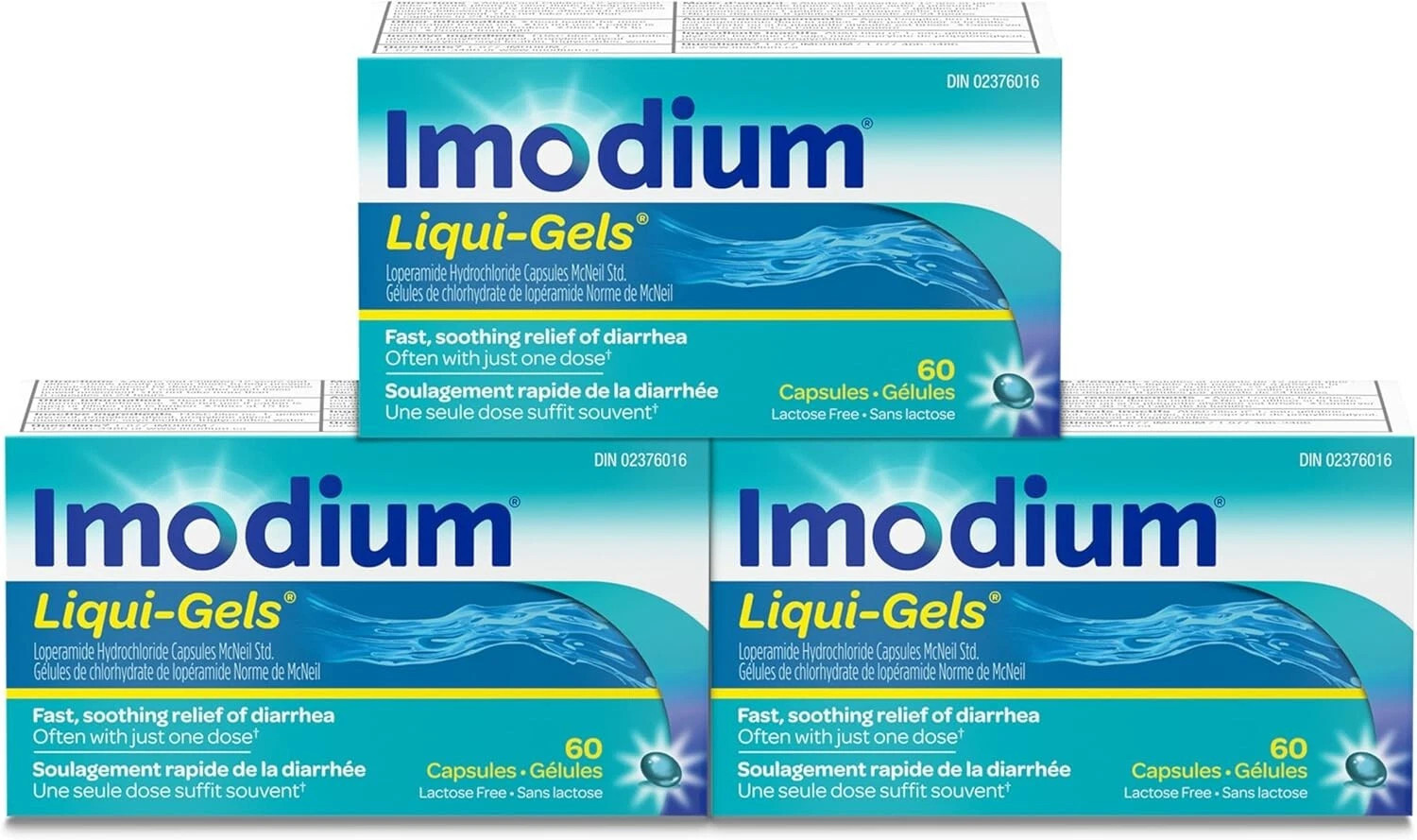 3 Imodium Liqui-Gels Fast Relief of Diarrhea Antidiarrheal 180 Capsules total