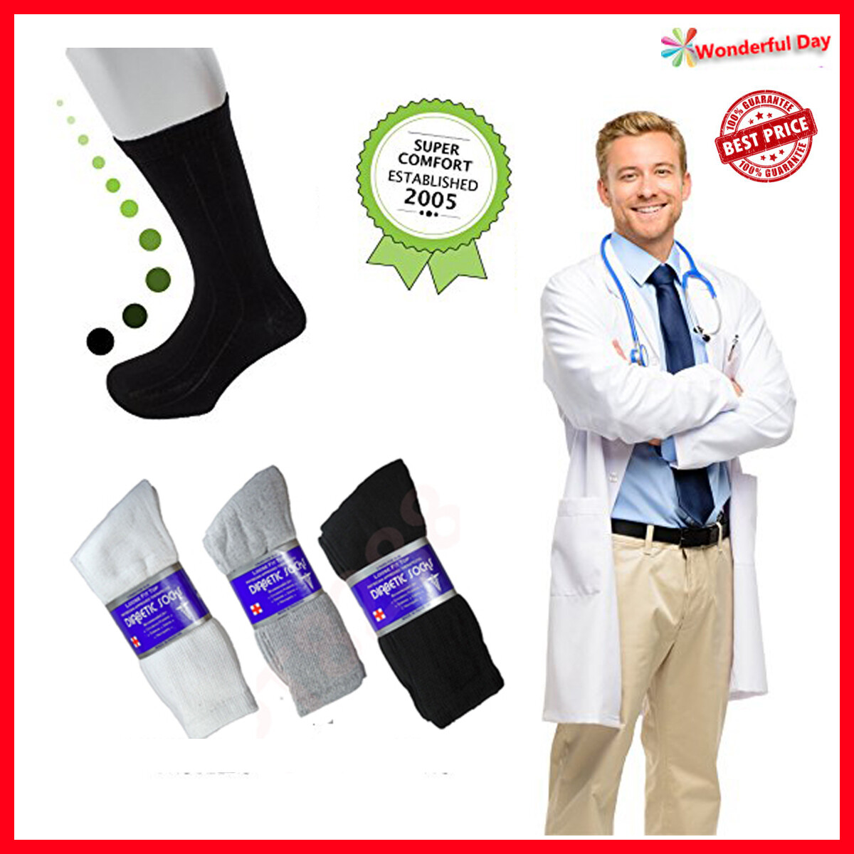 3 6 12 Pairs Health Circulatory Crew Cotton Diabetic Socks 9-11 10-13 13-15