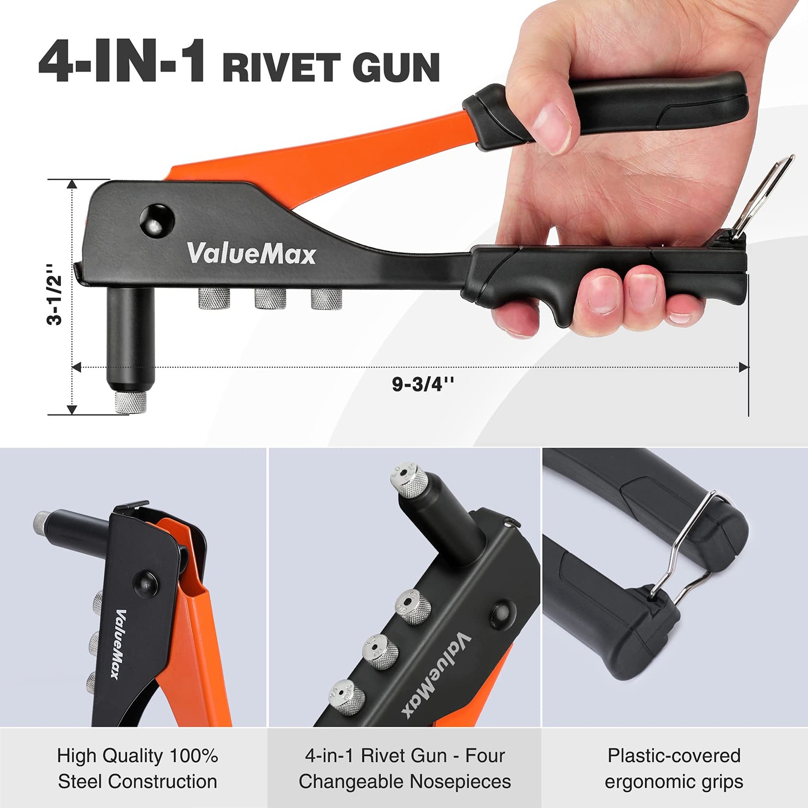 ValueMax 4-in-1 Hand Riveter/Rivet Gun, Pop Rivet Tool Kit with 200 Rivets -...