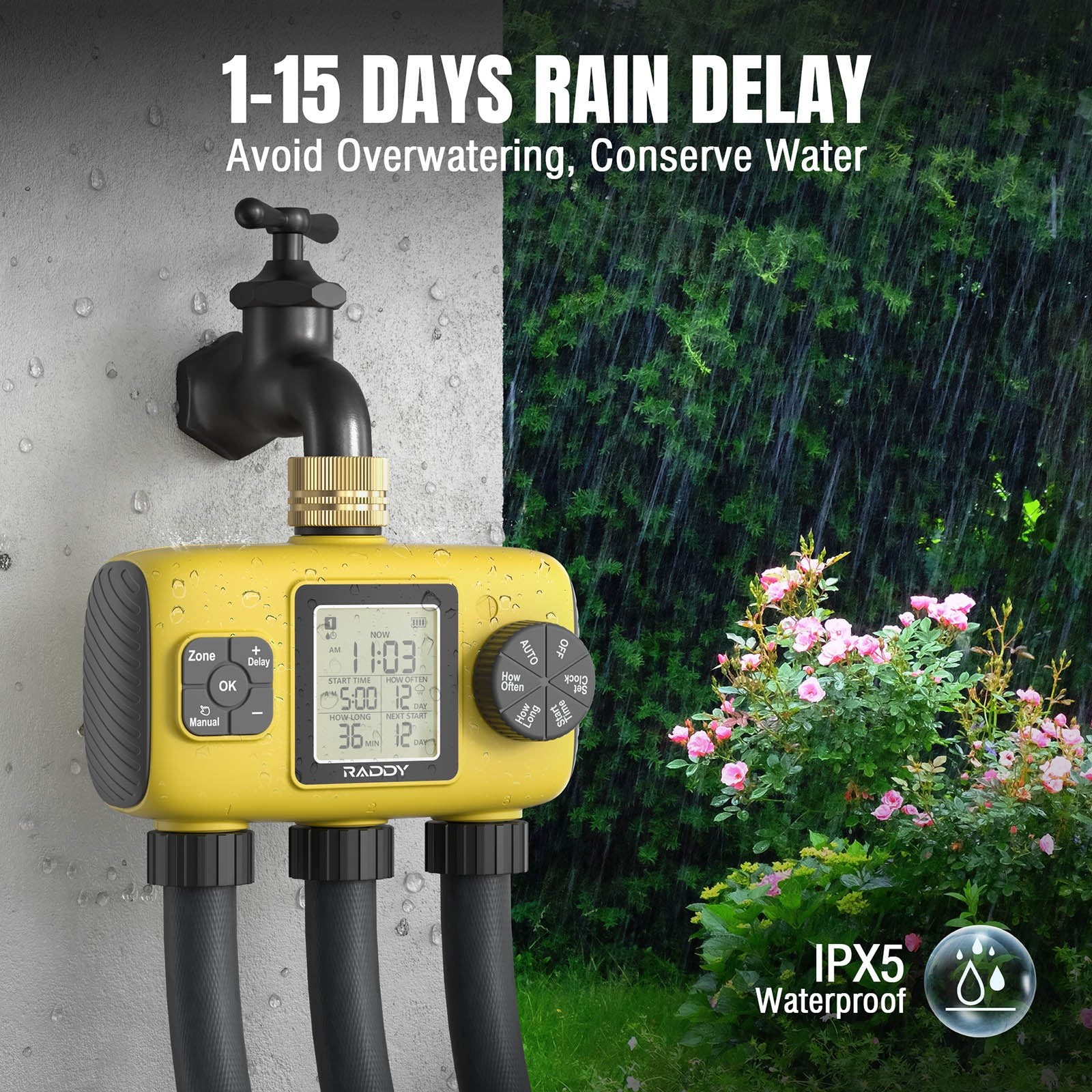 Raddy WS-8 3-Zone Sprinkler Timer: Large LCD, IPX5 Waterproof & Rain Delay