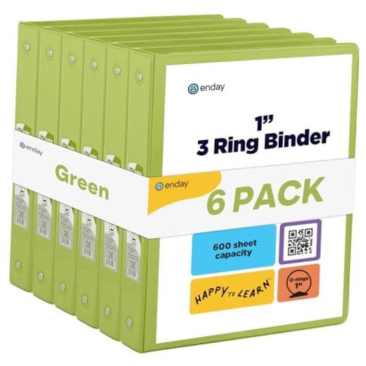 1 Inch Binder (6 Pack - Green) 3 Ring Binder 1 inch with Clear View Cover and