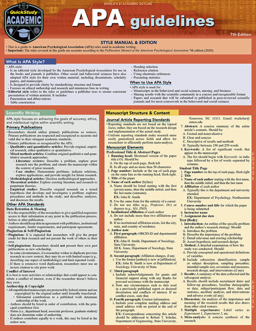 Apa Guidelines - 7Th Edition: A Quickstudy Laminated Reference Guide