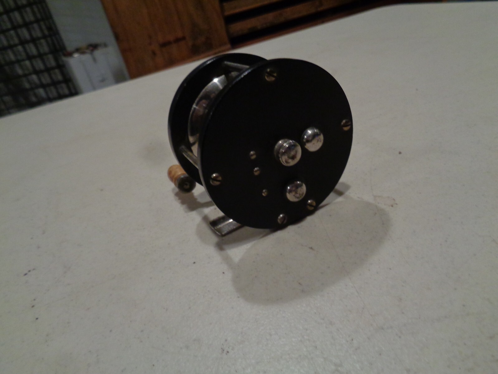 Vintage Unknown Bakelite, Hard Rubber Casting Reel 100 yd., Black, RH, Kosmic?