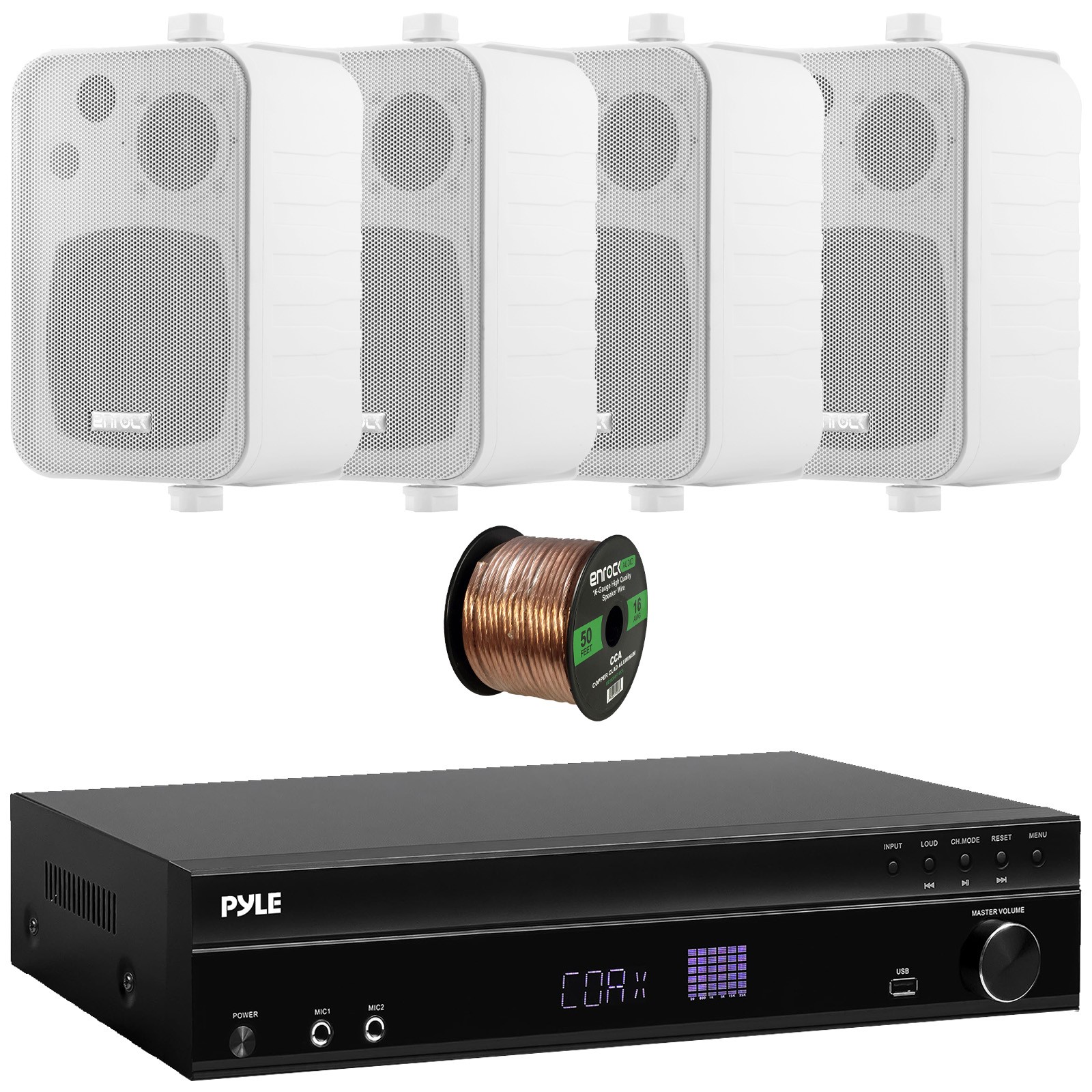 Pyle PT875BT USB-A Bluetooth Audio Receiver, 4x 4" 30W Max 3-Way Speakers, Wire
