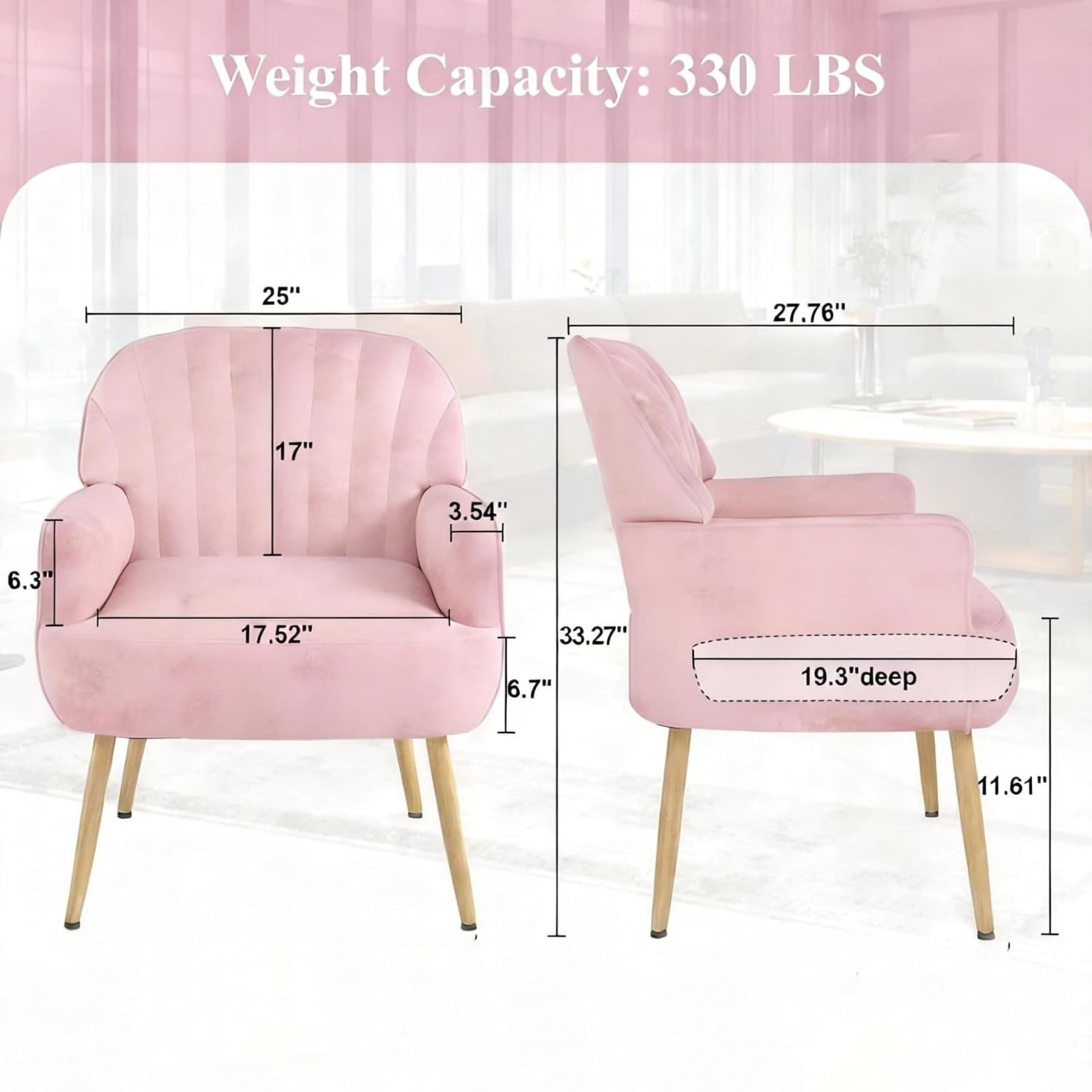 Modern Upholstered Pink Velvet Accent Chair Metal Legs Armchair for Bedroom