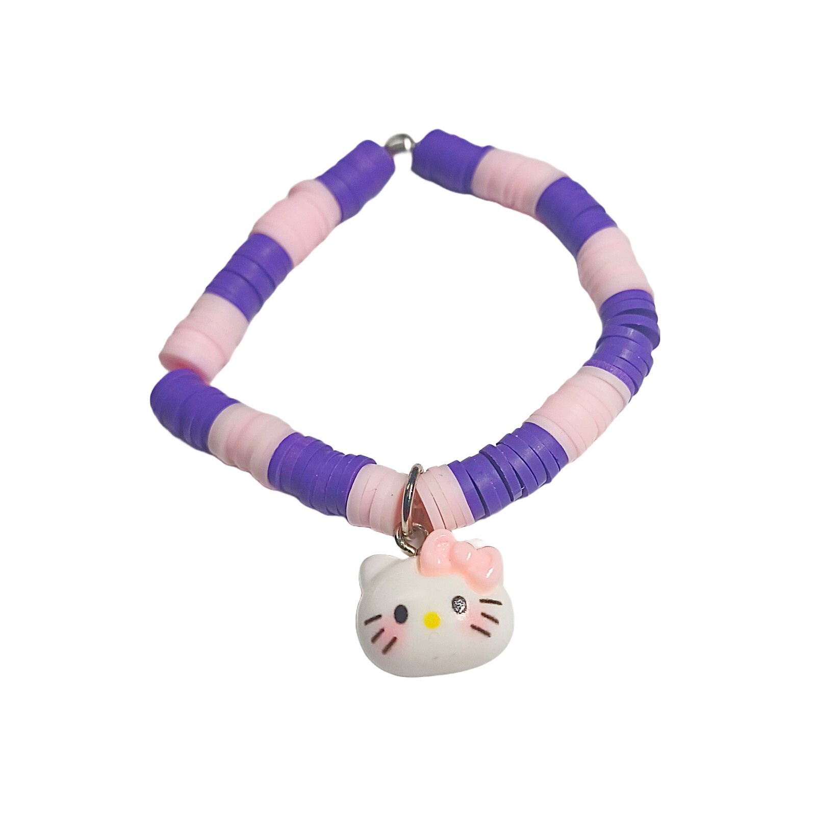 Pink and Purple Beaded Bracelet with Kitty Charm