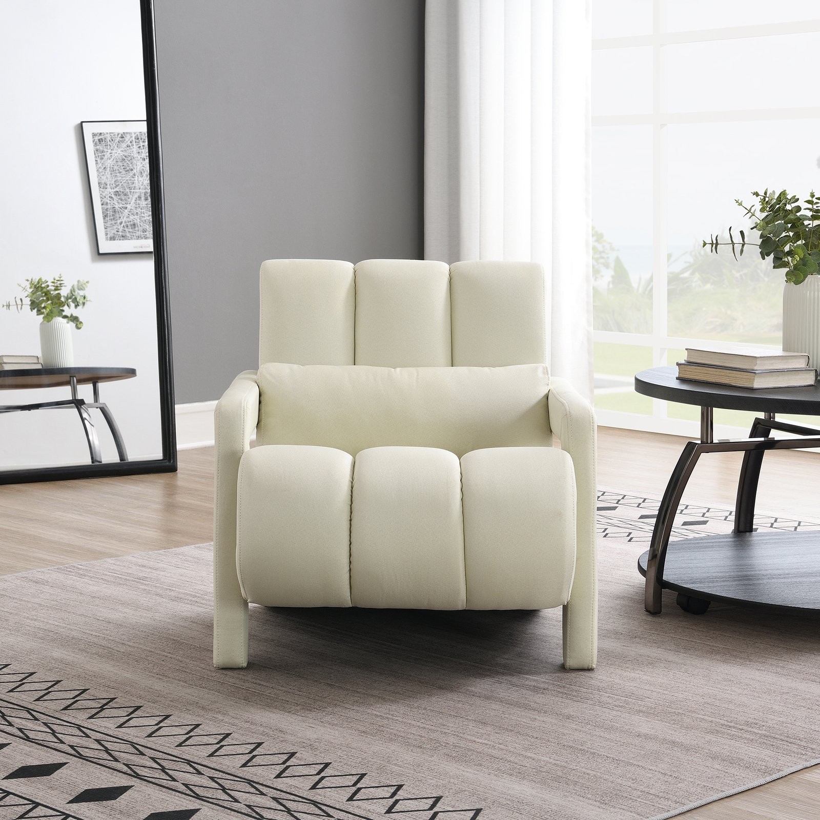 Modern Linen Fabric Upholstered Accent chair Lounge Arm Chair with Pillow Beige
