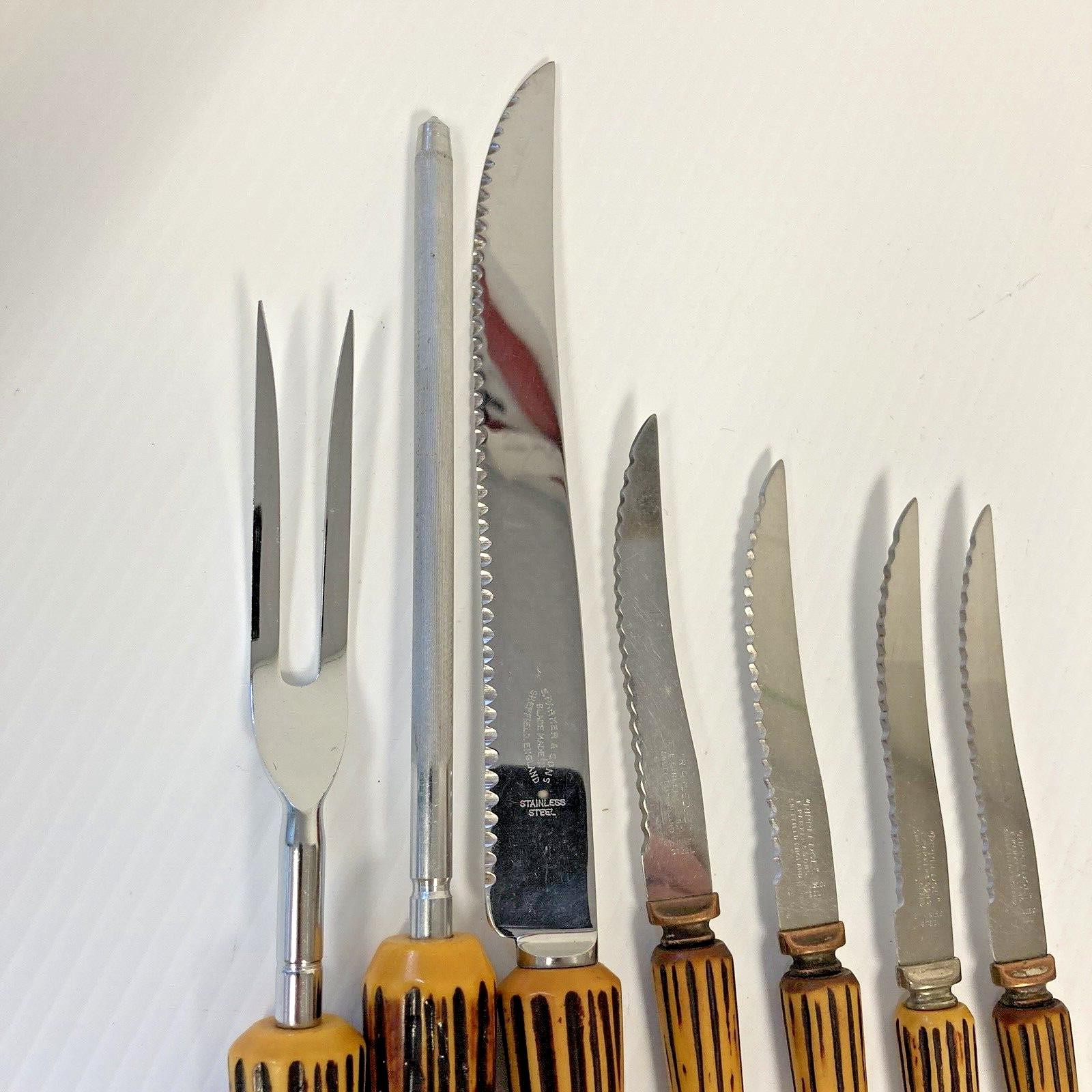 Bakelite / Catalin Sheffield Lifetime 3 Piece Carving Set & 4 Steak Knives F3-45