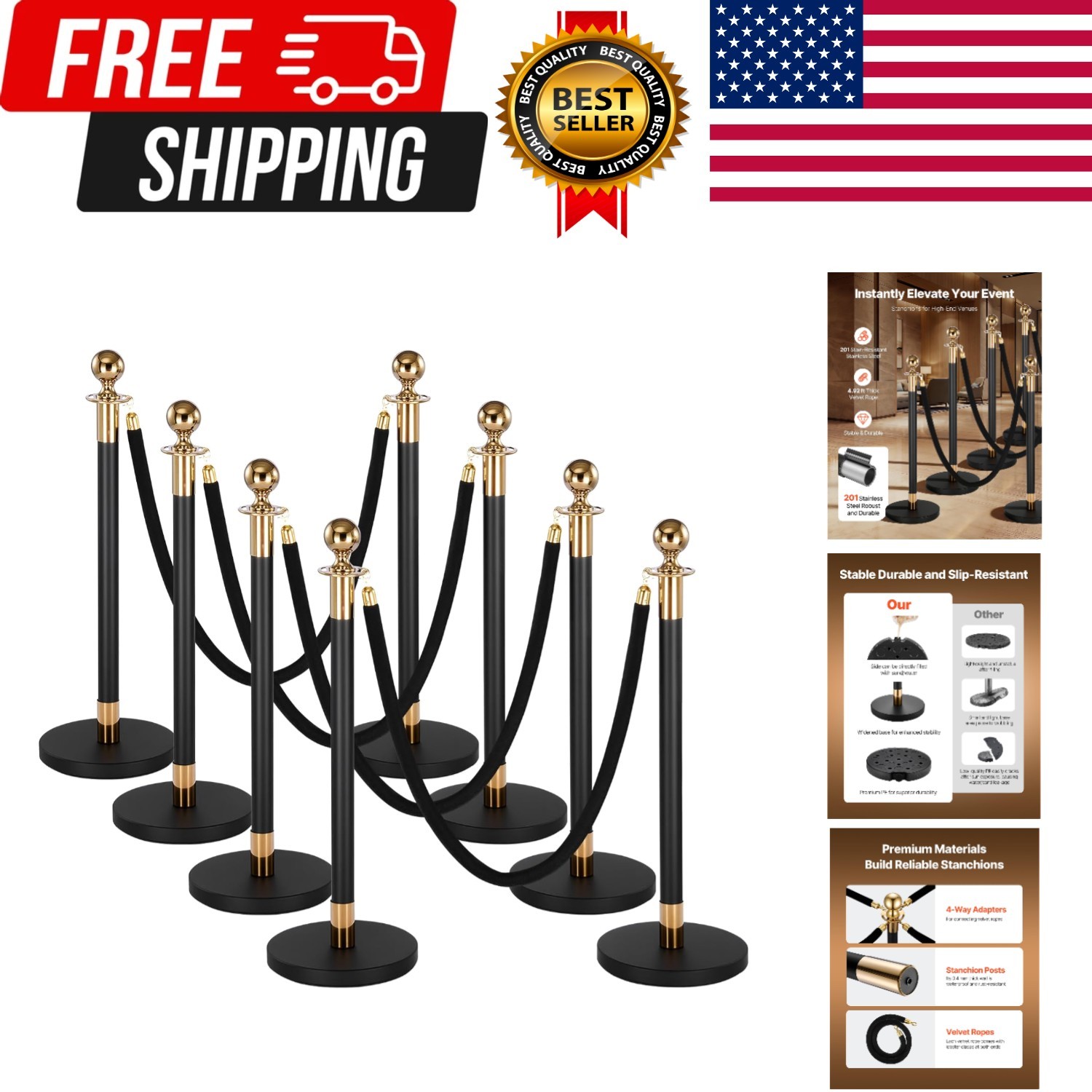 Stanchion Post, 8 Pcs Crowd Control Barrier Set with 6 Black Velvet Ropes, He...