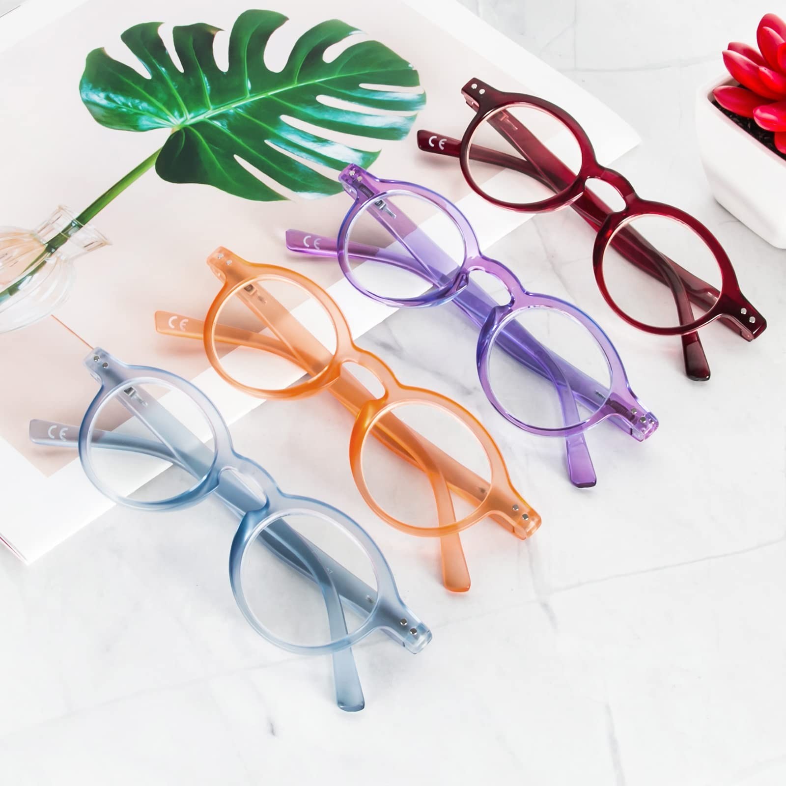 KoKoBin 4-Pack Small Round Reading Glasses Comfortable Readers Colored Stylis...