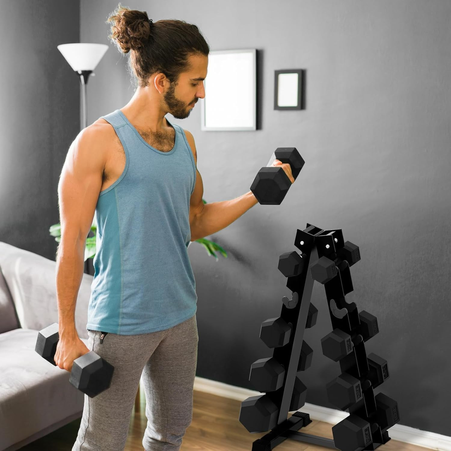 5-780LBS Rubber Coated Hex Dumbbell Weight Set with Rack and Adjustable Weight B