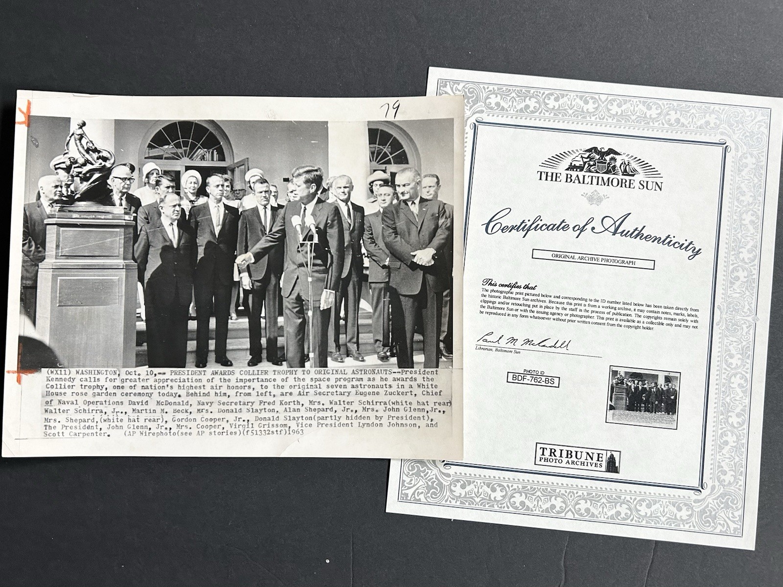 1963 NASA AP Wirephoto President Kennedy JFK Collier Trophy Astronauts with COA