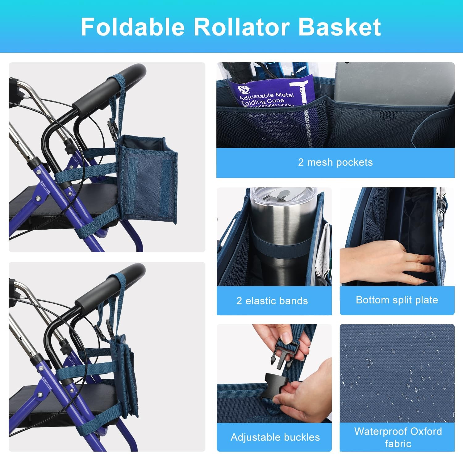 Supregear Rollator Basket Rollator Walker Bag with Cup Holder Foldable Rolling W