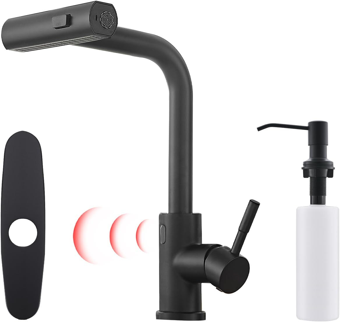 Black Touchless Kitchen Faucet with Soap Dispenser and Deck Included