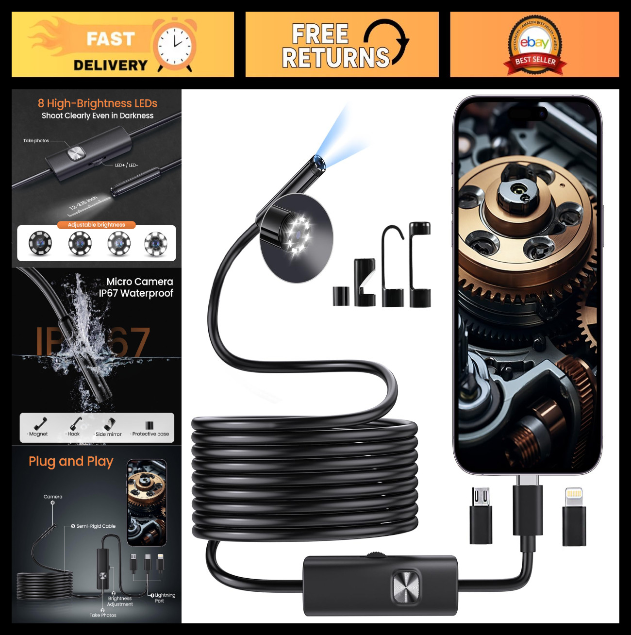 HD Endoscope Camera with Light 1920P, 16.4ft Waterproof Borescope for iPhone & A