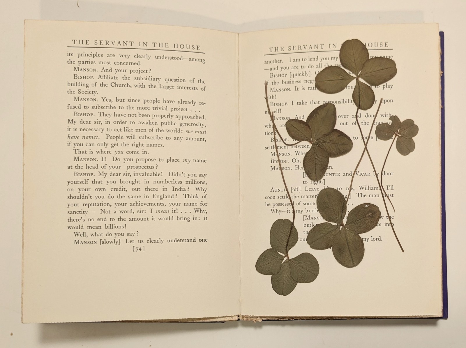 4 LEAF CLOVERS DRIED PRESSED Trifolium Repens 1908 Book The Servant in the House