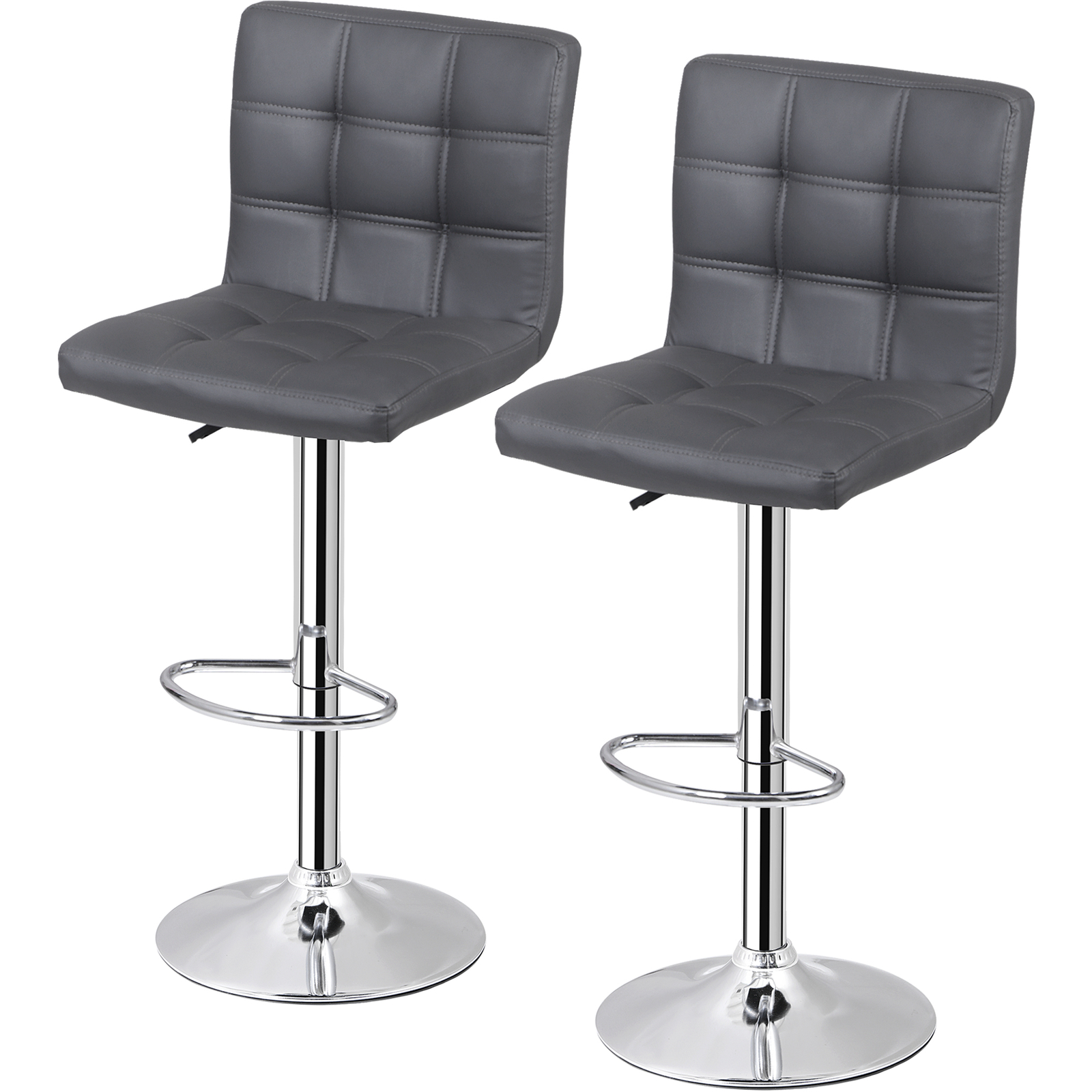 Set of 2 Adjustable Bar Stools PU Leather Modern Dinning Chair Metal w/Back Gray