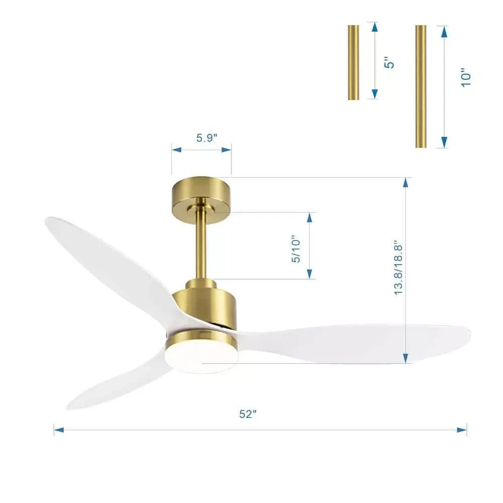 Breezary Ceiling Fan+Lights 52"W Integrated LED+Remote Control Steel Gold/White