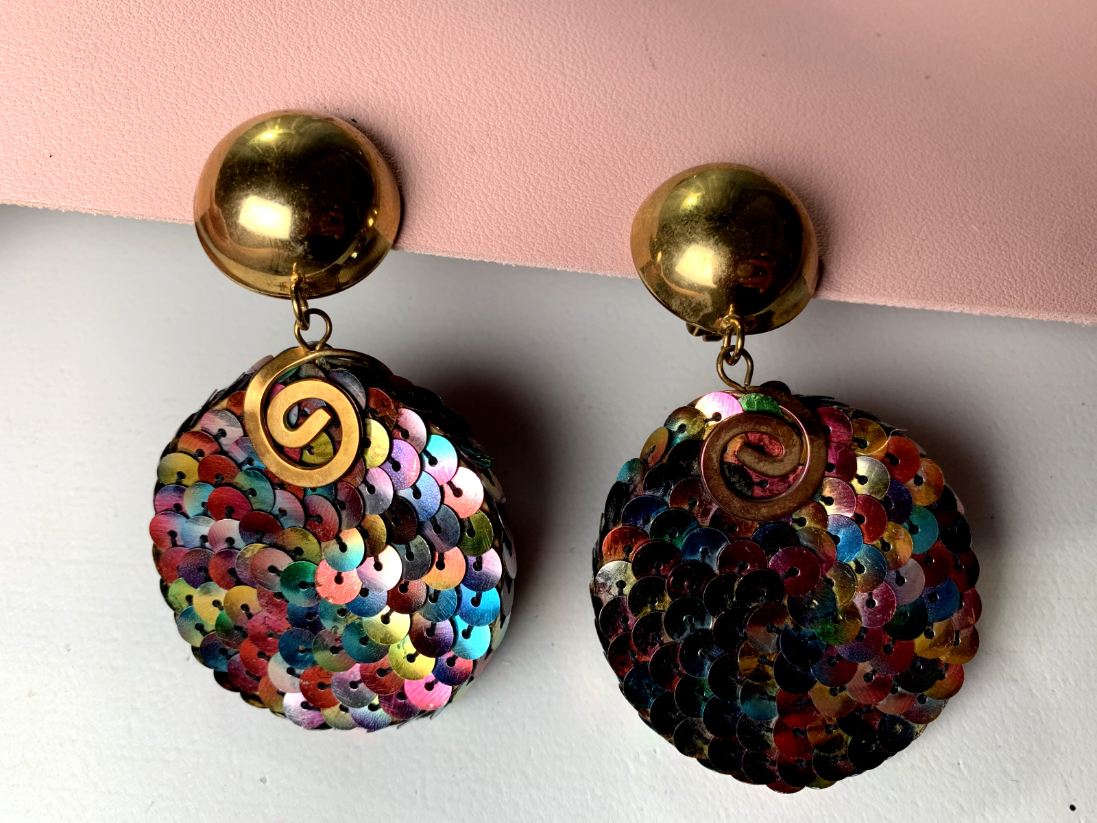 Vintage 90s Earrings Statement Womens Dangle Clip On Sequin Colorful Retro