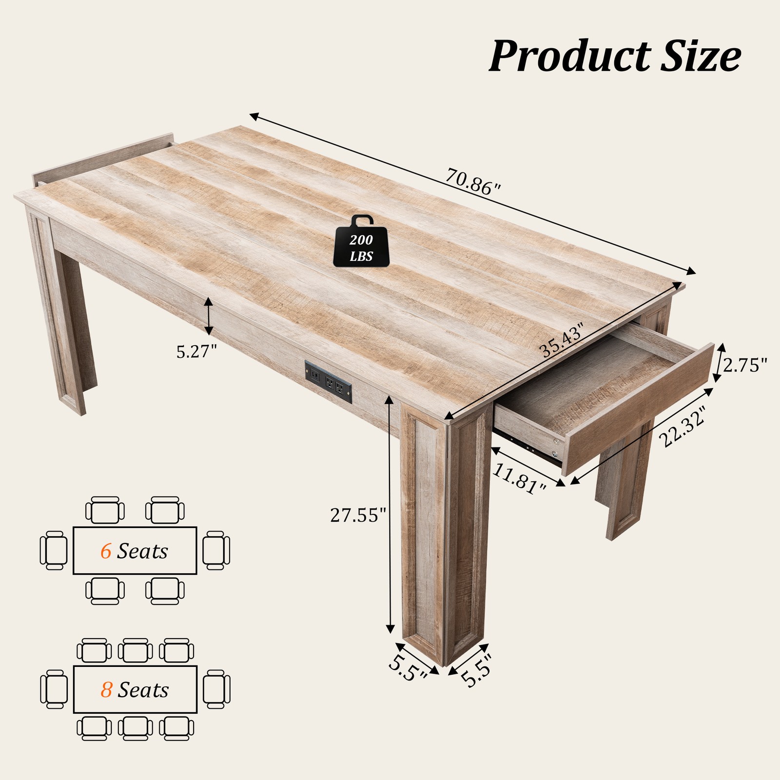70" Rectangular Dining Table 6.5 ft w/ Charging Station & Drawer for 6-8 People
