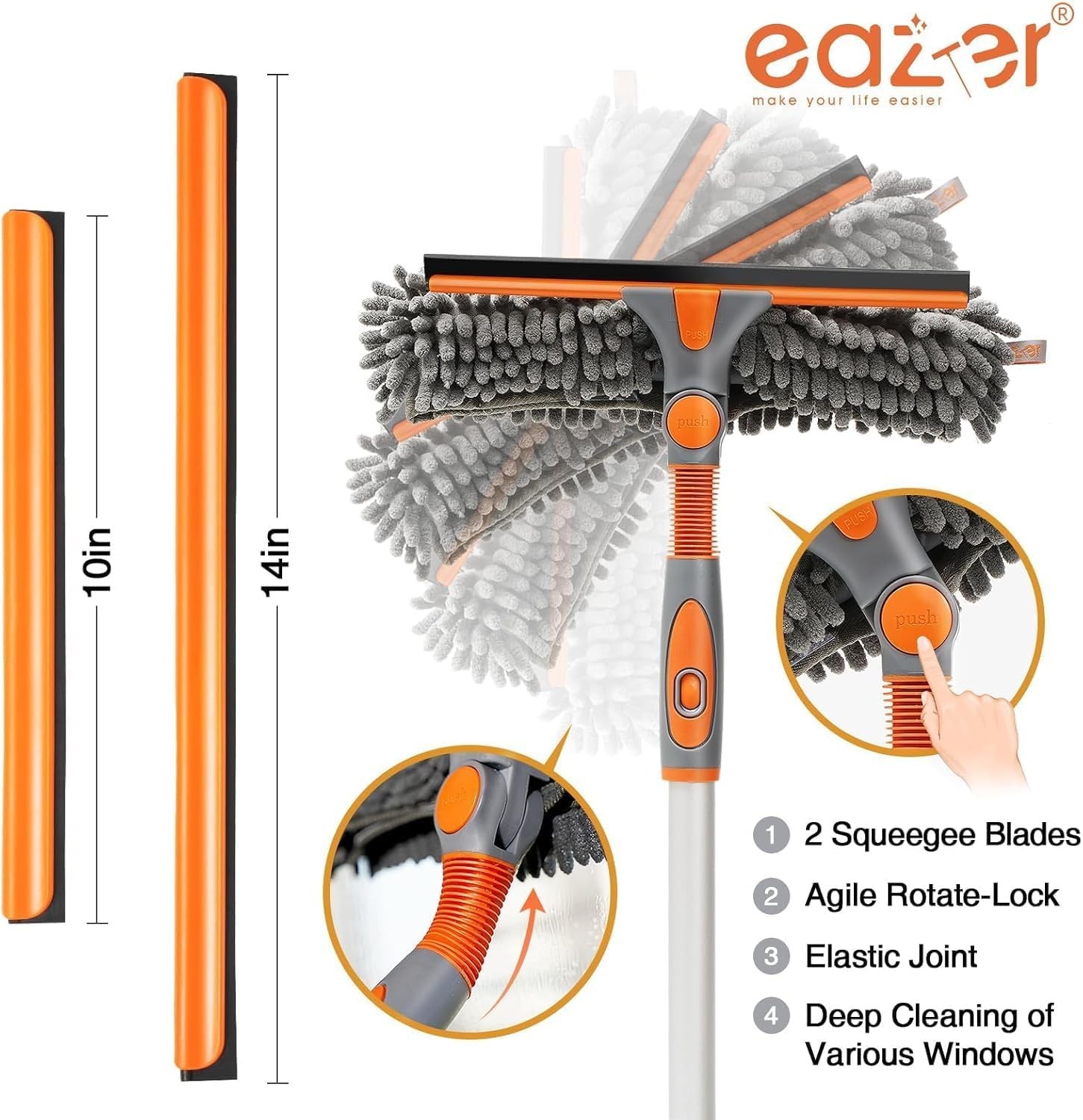 Eazer 2-in-1 Window Cleaner Tool, 64'' Squeegee for 64inch, Orange