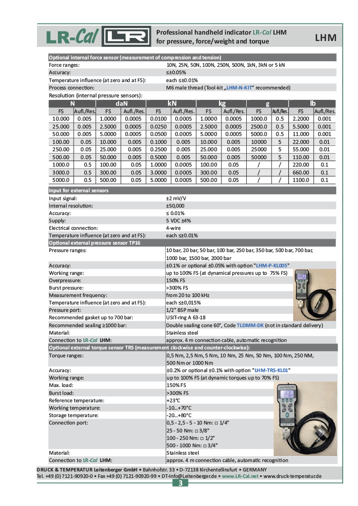LR-Cal LHM DP Pressure / Torque Meter with Differential Pressure Sensor ±0.1%