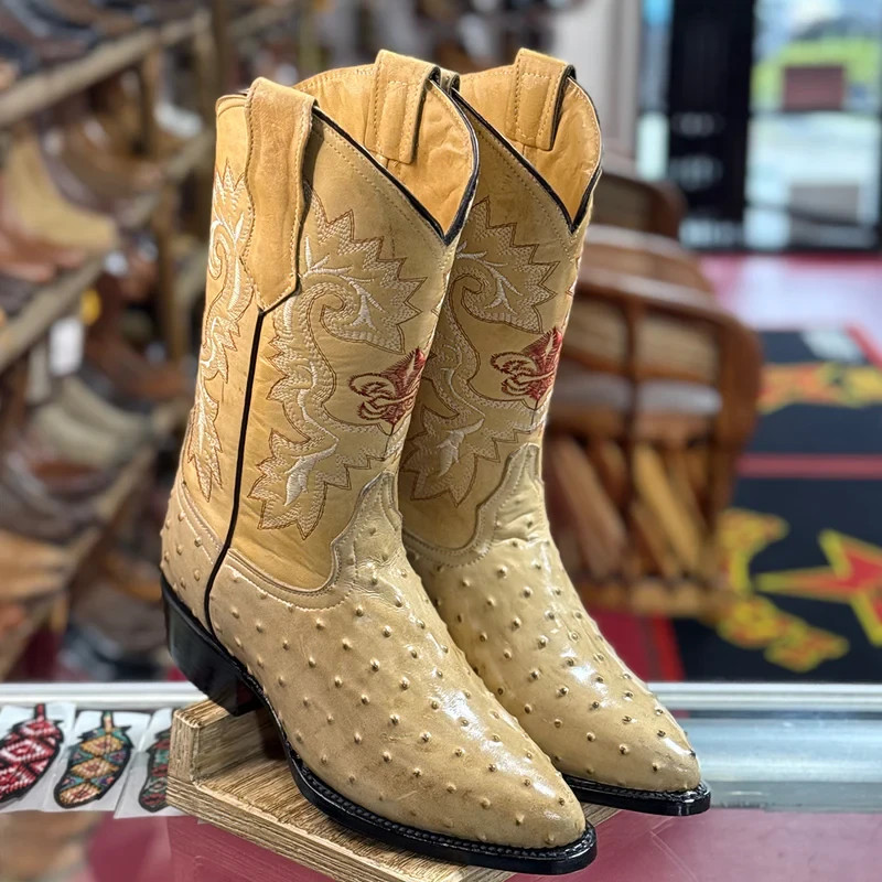 Men’s Genuine Leather Exotic Ostrich Print J-Toe Cowboy Western Boots -Oryx Sand