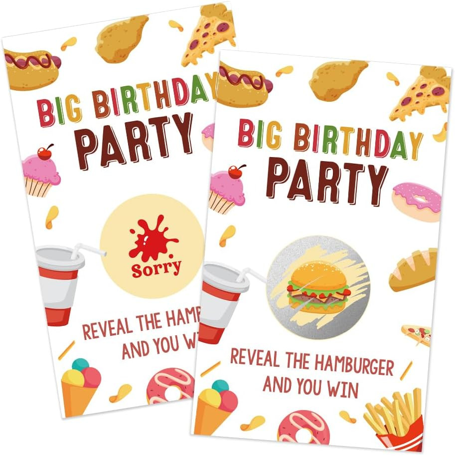50Pcs Big Birthday Party Scratch off Game, Burger Pizza Scratch Card for Baby Sh