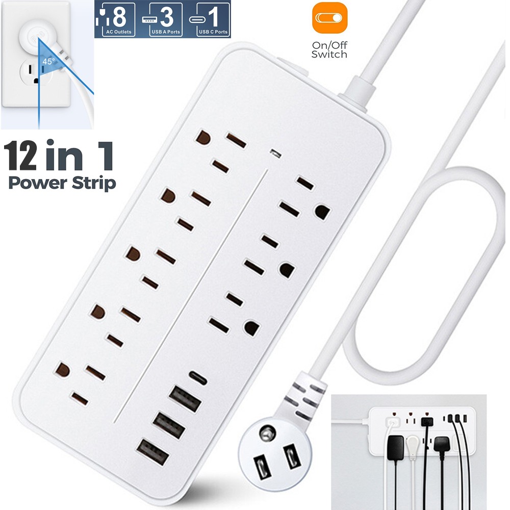 Flat Plug Power Strip with 8 Outlet Long Extension Cord USB Port Surge Protector