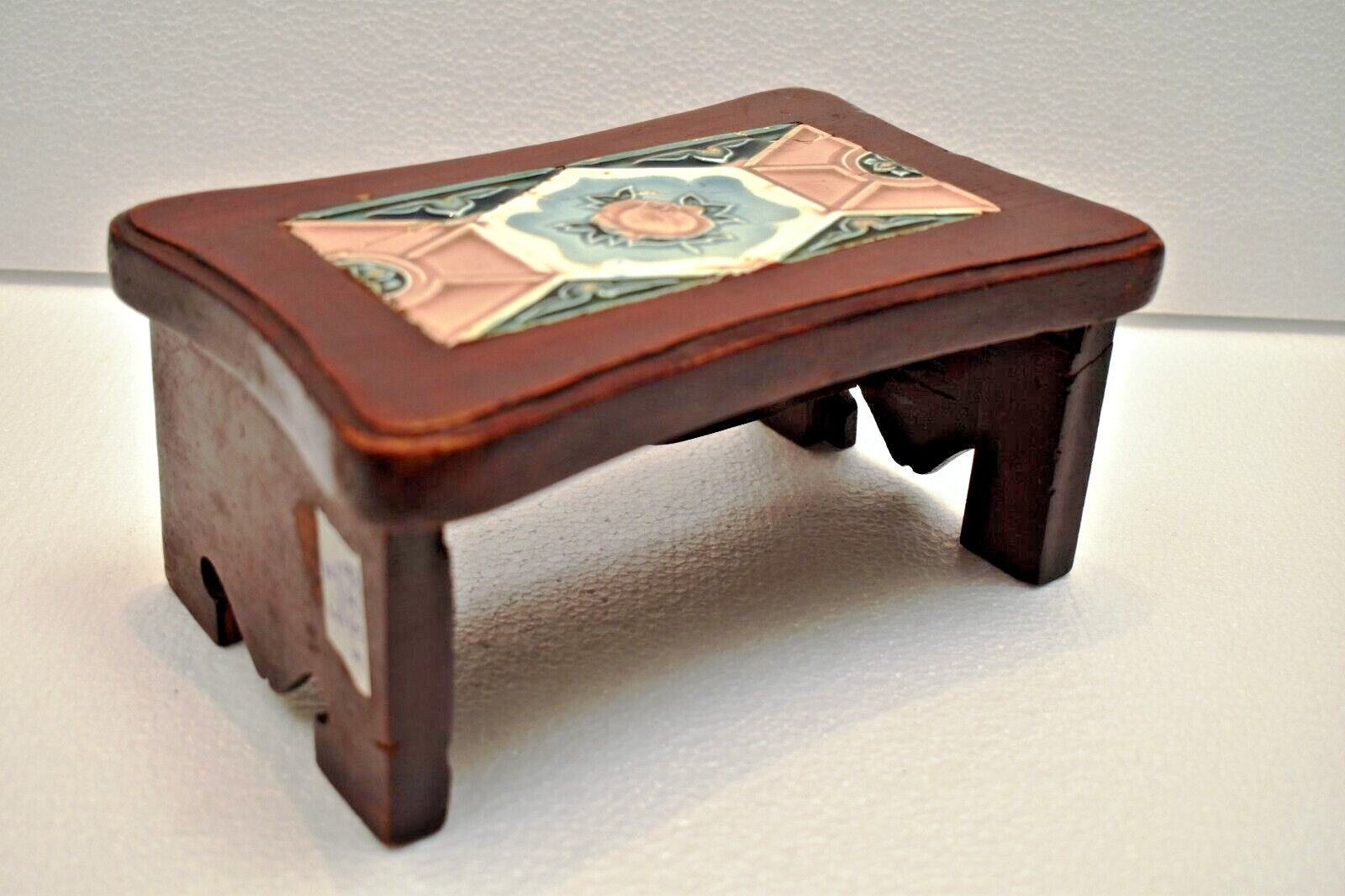 Antique Wooden Folding Stool Decorative Floral Tile Top Portable Vintage Collect