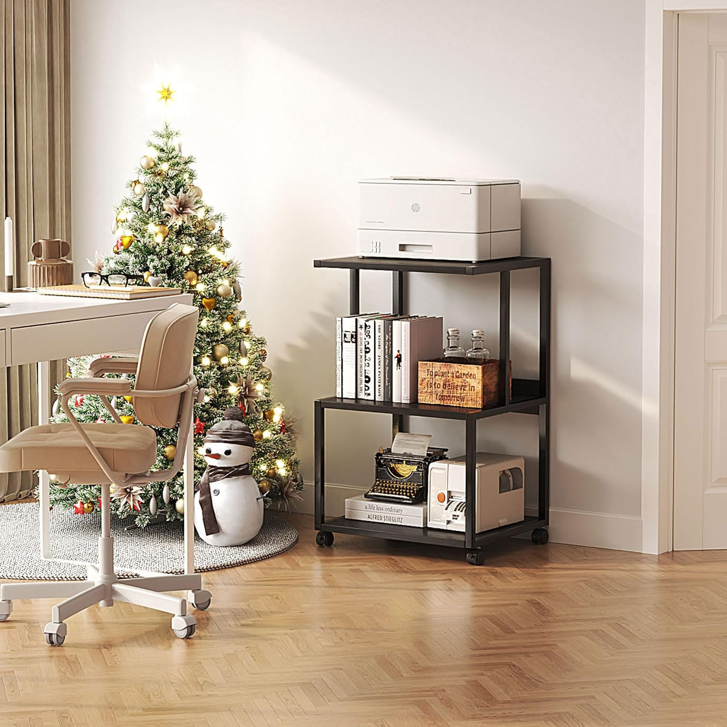 Mexin Black Printer Stand-Small 3 Tier Printer Table with Wheels, Industrial Rol