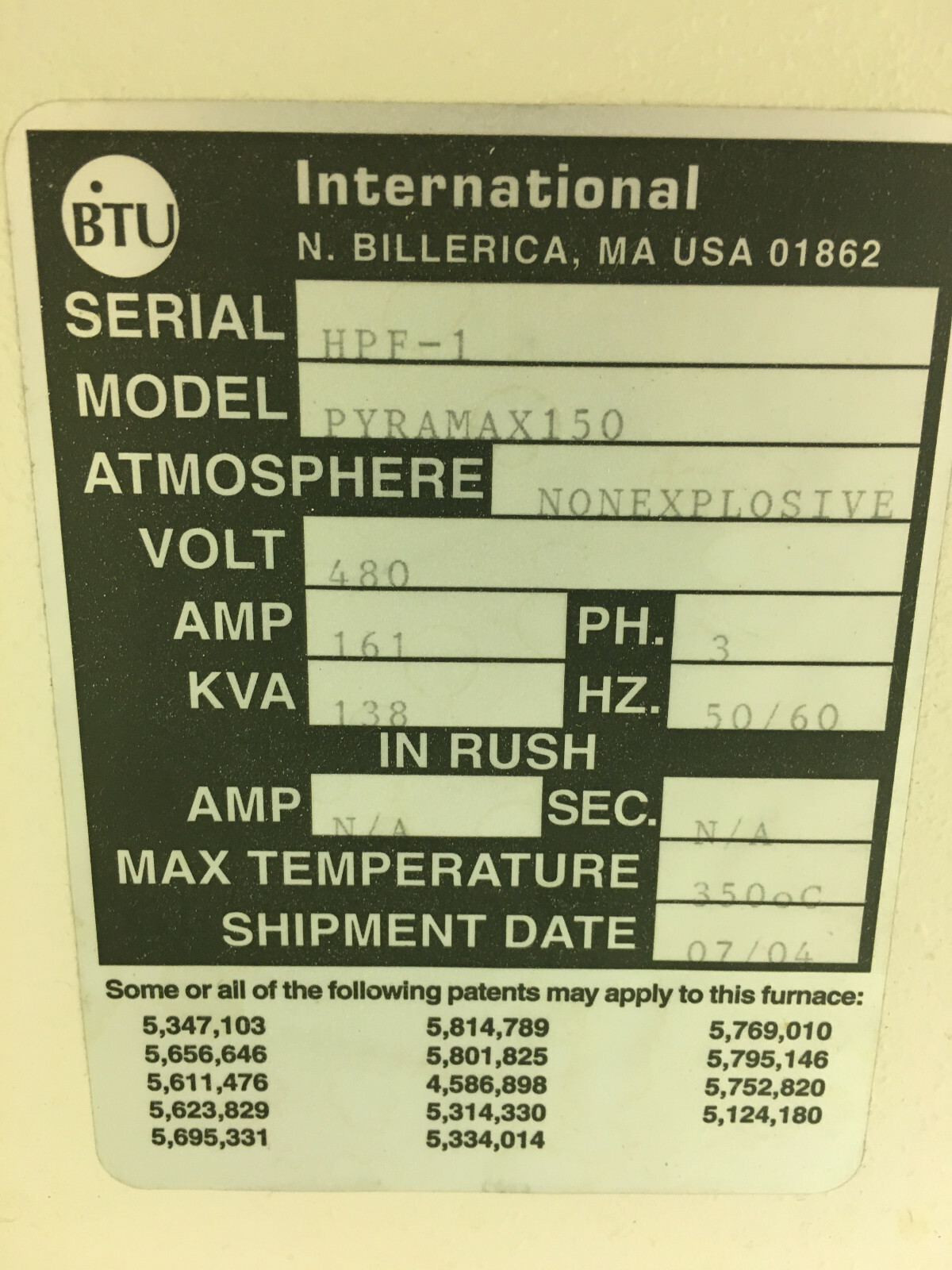 BTU Pyramax 150A Reflow Oven - 10 Zones - 480V - Non funtional