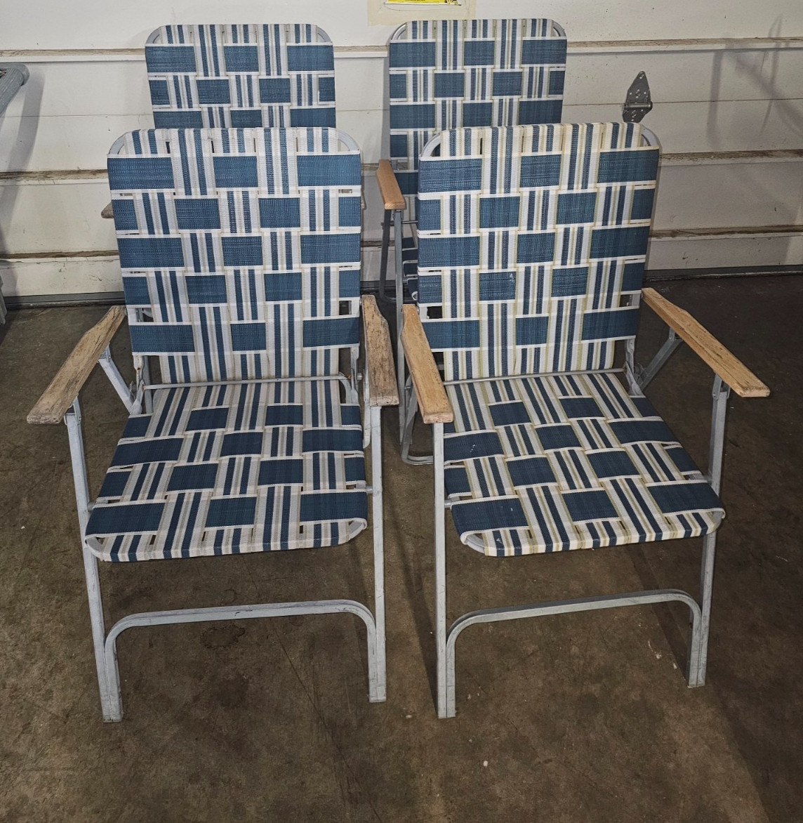 Vintage Mid Century Folding Steel Nylon Web Lawn Chairs Wood Armrests set of 4